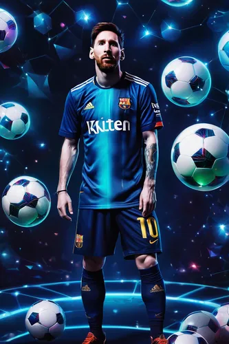 Picture Messi in a futuristic setting, surrounded by holographic soccer balls.,footballer,fifa 2018,soccer ball,barca,soccer player,uefa,büttner,soccer,ronaldo,ballon,edit icon,goalkeeper,pallone,spor