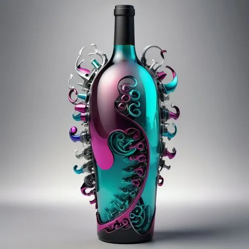 mixing spectral texture with generative shapes covered all the body of bottle , inspired by modern style, write S&D letters with creative fonts , adding asymmetry spiral motives ,wine bottle,poison bo