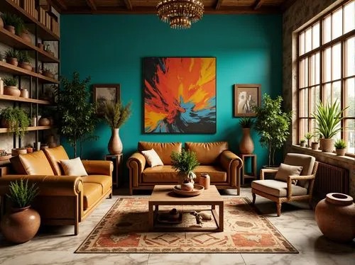 sitting room,interior decor,living room,turquoise leather,loft,bohemian art,livingroom,boho art style,contemporary decor,modern decor,apartment lounge,interior design,boho art,interior decoration,mid century modern,home interior,decor,turquoise wool,color turquoise,teal and orange