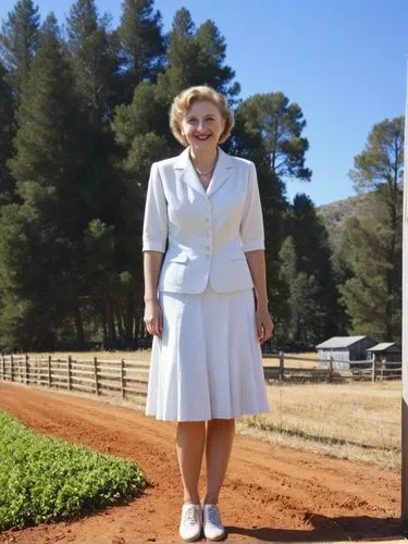 Eva Braun smiling at the high fence in California.,a woman in a white dress stands by a fence,countrywoman,dotrice,landholder,manjimup,kolinda,stateswoman,Photography,Black and white photography,Black