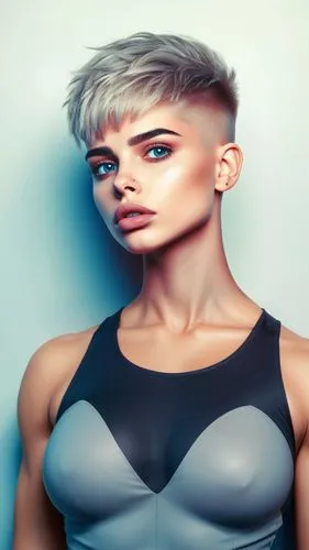 no background, anime, short hair, fit woman, big eyes, big lips, ,muscle woman ,a woman wearing black and grey clothes with short hair,enza,derivable,androgyne,transadelaide,androgynous,hypermasculine