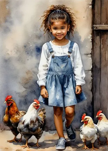 oil painting on canvas,oil painting,watercolor painting,photo painting,children's background,chicken yard,chicken farm,photorealist,poultry,chichen,watercolour paint,girl in overalls,chickens,pullets,farm girl,kids illustration,gekas,rockwell,watercolor,marans,Illustration,Paper based,Paper Based 02