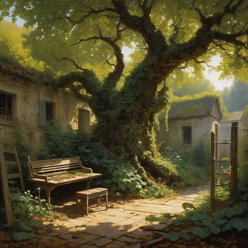 home landscape,lev lagorio,walnut trees,rural landscape,garden bench,oak tree,robert duncanson,old linden alley,andreas achenbach,idyll,linden,summer cottage,wood and grapes,bench,asher durand,the threshold of the house,village scene,house in the forest,dongfang meiren,forest landscape,Art,Classical Oil Painting,Classical Oil Painting 32