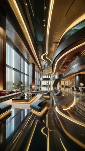 a huge modern looking office with a circular table,the dubai mall entrance,difc,car showroom,habtoor,rotana,hotel lobby