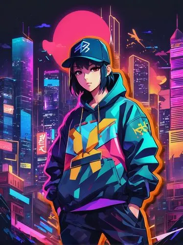 cyber,cyberpunk,neon,neon light,80's design,colorful city,80s,neon lights,tokyo,tokyo city,neon colors,jacket,vector girl,neon tea,2d,nico,neon arrows,dusk background,colorful background,tracksuit,Illustration,Japanese style,Japanese Style 03