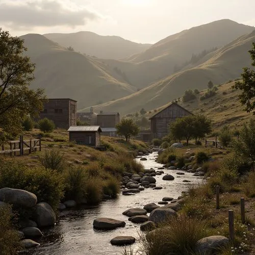 Rustic countryside, rolling hills, meandering streams, native flora, wildflowers, weathered stone walls, wooden fences, rural cottages, earthy tones, natural materials, locally sourced timber, thatche