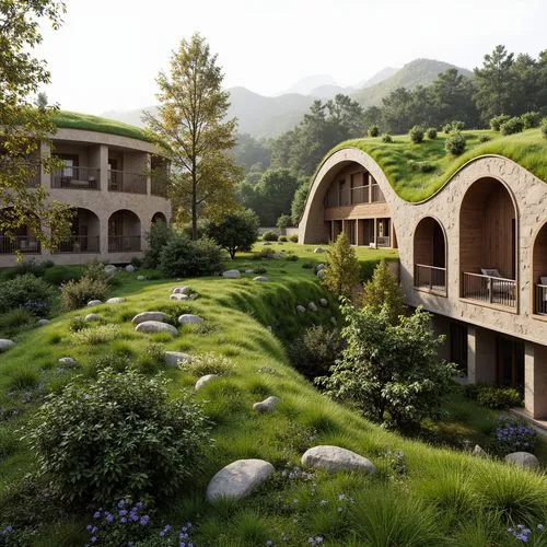 earthship,ecovillages,grass roof,tulou,ecovillage,ecotopia,landscaped,house in the mountains,cube stilt houses,house in mountains,cubic house,futuristic architecture,roof landscape,forest house,tree house hotel,beautiful home,rooves,rivendell,treehouses,3d rendering