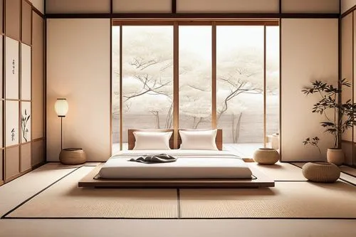 japanese-style room,tatami,ryokan,ryokans,zen garden,bamboo curtain,japanese zen garden,modern room,modern minimalist lounge,japanese style,bedroom,donghia,ikebana,zen,interior modern design,zen stones,minotti,dojo,chanoyu,kondo,Illustration,Black and White,Black and White 04