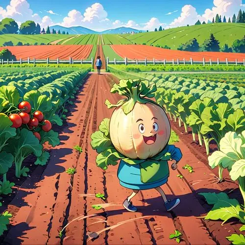 Anthropomorphized person walks through a vegetable garden. The turnip should have short legs and small arms, with an angry expression. He strolls calmly between rows of vegetables, such as carrots, le