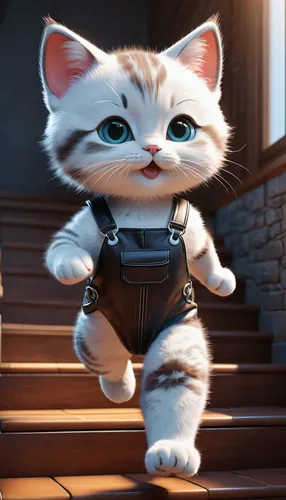 a cute baby cat wearing leather overalls, running down the stairs 
Cyberpunk style,cartoon cat,cute cat,cute cartoon character,cat warrior,tom cat,cat image,ragdoll,doll cat,funny cat,little cat,cat,m