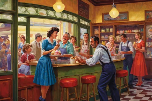 soda fountain,retro diner,ice cream parlor,soda shop,diner,fifties,the disneyland resort,shanghai disney,fast food restaurant,ice cream shop,drinking establishment,waitress,the coffee shop,walt disney world,50's style,disneyland,restaurants,disneyland park,pizzeria,oktoberfest celebrations,Illustration,Retro,Retro 14