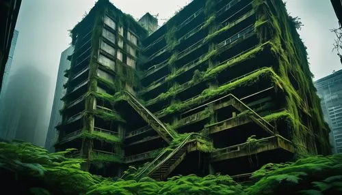 hashima,apartment block,overgrowth,scampia,arcology,ecotopia,highrises,green living,apartment building,skyscraping,block of flats,planta,overdevelopment,highrise,high rises,inhabitable,abandoned place,urban landscape,post-apocalyptic landscape,overgrown,Illustration,Realistic Fantasy,Realistic Fantasy 45