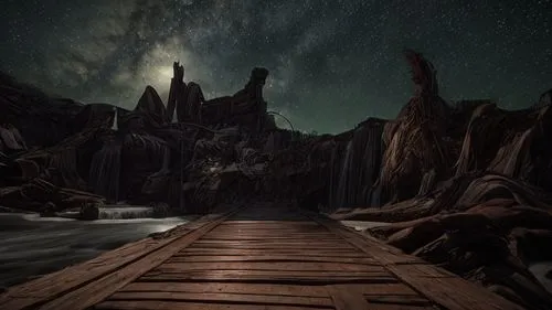 wooden bridge,walkway,wooden path,pathway,wooden pier,the mystical path,flooded pathway,the path,nightscape,virtual landscape,fantasy landscape,road of the impossible,hiking path,futuristic landscape,