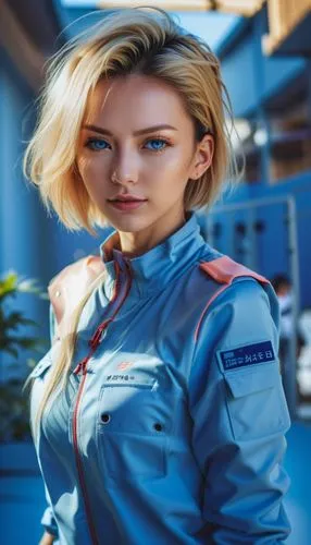 anime, manga, bright and saturated colors, sport suit, blue eyes,,Japanese blonde woman with anime face,kharak,symetra,taikonauts,aviatrix,aeronautica,servicewoman,Photography,General,Realistic