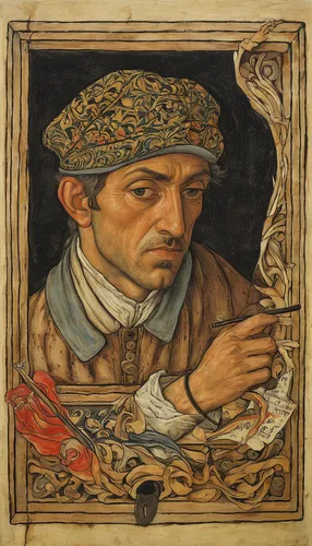 medicine icon,persian poet,leonardo devinci,raffaello da montelupo,holbein,self-portrait,botticelli,barberini,winemaker,albrecht dürer,khokhloma painting,meticulous painting,bombardino,man with a computer,vincent van gough,einjähriges silberblatt,a carpenter,merchant,itinerant musician,andrea del verrocchio,Art,Classical Oil Painting,Classical Oil Painting 34