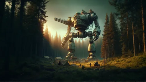 forest, old wooden destroyed buildings,mech,mecha,digital compositing,photomanipulation,photo manipulation,fantasy picture,forest man,sci fiction illustration,the forest fell,man and horses,bolt-004,t