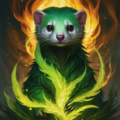 ferret,weasel,nepeta,woodland salamander,firebrat,firethorn,druid,scandia gnome,leopard's bane,mustelid,saganaki,bulbasaur,salamander,pet portrait,fire artist,sunroot,fantasy portrait,poisonous,cat vector,mammal,Conceptual Art,Fantasy,Fantasy 17