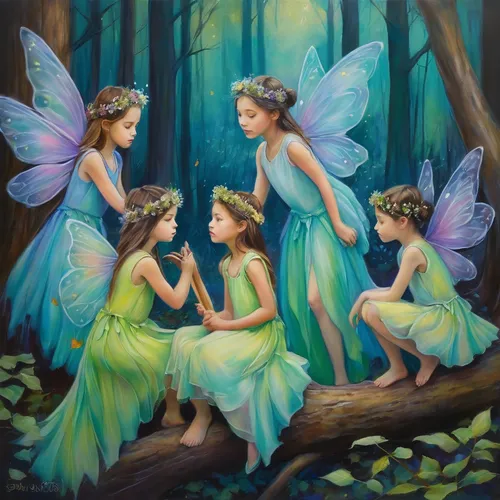 fairies,fairies aloft,little angels,child fairy,little girl fairy,fairy forest,vintage fairies,faery,blue butterflies,fairy world,children's fairy tale,faerie,fairy lanterns,fairy,oil painting on canvas,butterfly dolls,water-leaf family,rainbow butterflies,butterflies,fairy village,Illustration,Realistic Fantasy,Realistic Fantasy 30