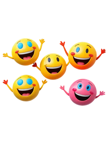 Cartoon, smiley face, various expressions, colorful skin tones, shiny eyes, rounded facial features, exaggerated eyebrows, rosy cheeks, smiling mouths, playful poses, standing, jumping, floating, 3/4 