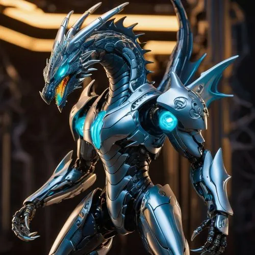 A futuristic bionic character resembling a humanoid dragon, standing on two feet. The character has a sleek, metallic body with dragon-like features, including scaled armor plating, claws, and a tail.