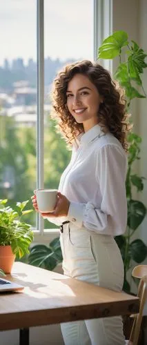 Jessica, Portland, 25yo, elegant lady, curly brown hair, bright smile, light makeup, white shirt, black high-waisted pants, sneakers, holding a coffee cup, standing, modern minimalist home office, woo