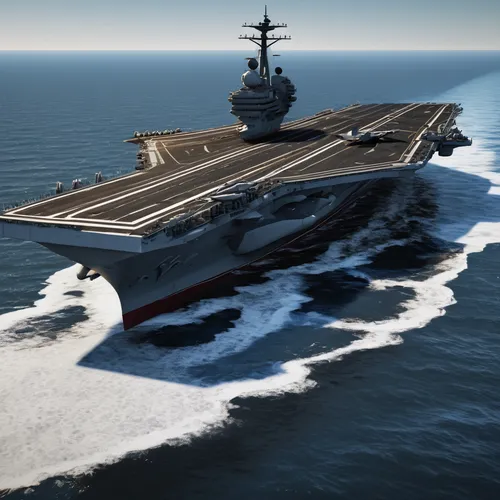 aircraft carrier, Microsoft Flight Simulator, realistic textures, detailed structure, flight deck, parked fighter jets, ocean waves, clear sky, dynamic lighting, 3/4 view, high-resolution, simulation 