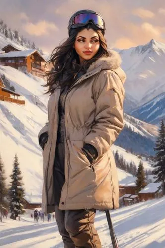 a woman is standing on a mountain holding skis,winter background,donsky,skier,shepherdess,winget,snowshoers,Digital Art,Impressionism