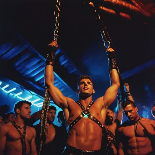 fit men wearing harness and leather at a dark party, shirtless, argentic shot with flash,climbing harness,steel ropes,block and tackle,rope daddy,iron rope,battling ropes,steel rope,rope climbing,herc