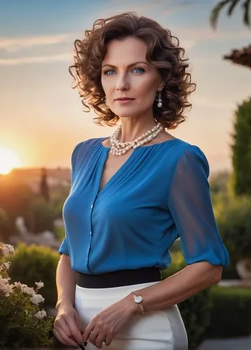 Sandra Zabel, mature lady, 35yo, elegant posture, bright blue eyes, curly brown hair, soft makeup, pearl necklace, white blouse, black pencil skirt, high heels, standing, luxury villa, garden, sunset,