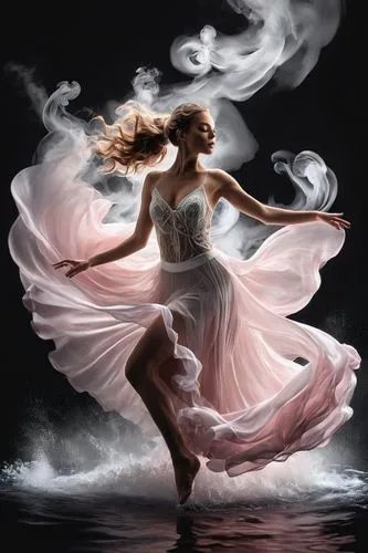 (masterpiece), best quality,Photographic realistic 16k , ultra detailed, photograph of a female creative  dancer in white smoke spiral in a black reflective waters, pale pink  lace satin silky flowing