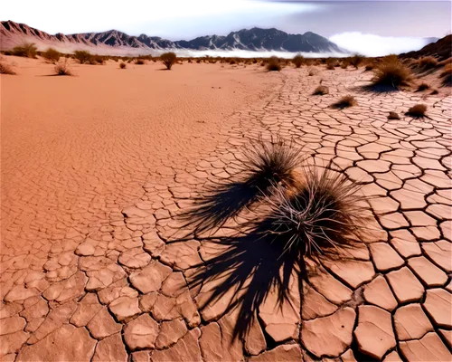 Dry cracked ground, desert landscape, rugged terrain, sandy dunes, deep fissures, worn-out rocks, withered plants, arid climate, harsh sunlight, high contrast, dramatic shadows, panoramic view, wide-a