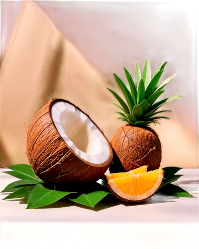 Coconut, tropical fruit, brown shell, green leaves, thick husk, white coconut meat, refreshing juice, solo, still life, warm lighting, shallow depth of field, vibrant color tone, 3/4 composition, cine