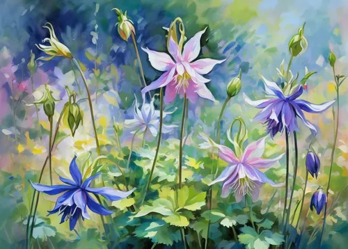 Write a romantic story about the beautiful Aquilegia japonica in a serene garden.,columbines,blue daisies,aquilegia olympic,aquilegia japonica,blue anemones,bellflowers,blue anemone,columbine,flower p