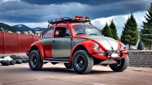 VW Beetle California style, bright red metallic, tinted windows, with rims, all-terrain tires and large fenders, a large F1-style rear spoiler, matte black bumpers,a car with lights on the roof in the