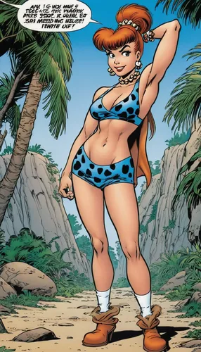 Pebbles Flintstone, an 18-year-old sex character from The Pebbles and Bamm-Bamm Show, wearing a  outfit of her character,muscle woman,starfire,heidi country,cave girl,symetra,mystique,super heroine,ro