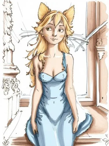 simple drawing of a woman with blonde hair in a dress near a window,an image of a girl dressed in blue,jessamine,eilonwy,rosalina,sigyn,belldandy,margaery,Conceptual Art,Fantasy,Fantasy 27