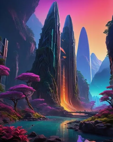 futuristic landscape,fantasy landscape,mushroom landscape,alien world,alien planet,fractal environment,virtual landscape,cartoon video game background,volcanic landscape,purple landscape,lagoon,danxia,mushroom island,an island far away landscape,karst landscape,paisaje,landscape background,3d fantasy,acid lake,canyons,Illustration,Retro,Retro 04