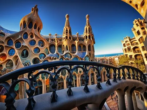 Gaudí-inspired architecture, intricate stone carvings, twisted ironwork, vibrant colorful mosaics, undulating columns, hyperbolic arches, towering spires, grand staircases, ornate balconies, dramatic 