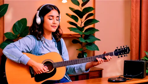 Lofi musician, young adult, casual wear, headphones, guitar, microphone, relaxed posture, soft facial expression, warm lighting, cozy atmosphere, minimalist background, wooden desk, vinyl records, 3/4