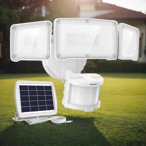 以别墅和草地为背景，有阳光，凸显产品,two light fixtures with one open on grass,solar photovoltaic,solar battery,flood light bulbs,solar energy,solar batteries,energy-saving lamp