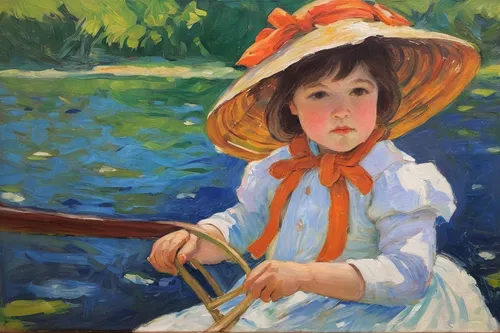 girl on the river,girl on the boat,child portrait,girl with bread-and-butter,girl wearing hat,little girl with umbrella,painting technique,girl picking flowers,girl in the garden,portrait of a girl,oil painting,young girl,girl picking apples,child with a book,vietnamese woman,girl portrait,girl with cloth,woman with ice-cream,oil on canvas,nora,Illustration,Paper based,Paper Based 06