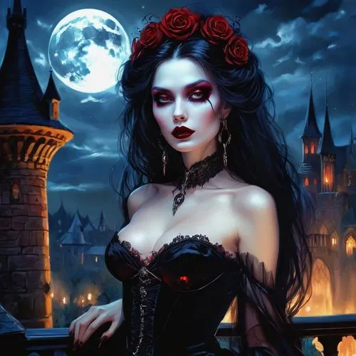 gothic woman,vampire woman,vampyres,vampire lady,vampyre,gothic portrait,gothic style,gothic,demoness,vampy,dark gothic mood,goth woman,vampiric,gothic dress,bewitching,dhampir,vampiro,countess,lady of the night,ravenloft,Illustration,Realistic Fantasy,Realistic Fantasy 37