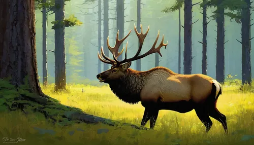 Write a poetic description of a bull elk taking a tranquil break amidst a lush forest.,bull elk resting,elk,elk bull,bull elk on lateral moraine,young bull elk,elk reposing on lateral moraine,bull elk