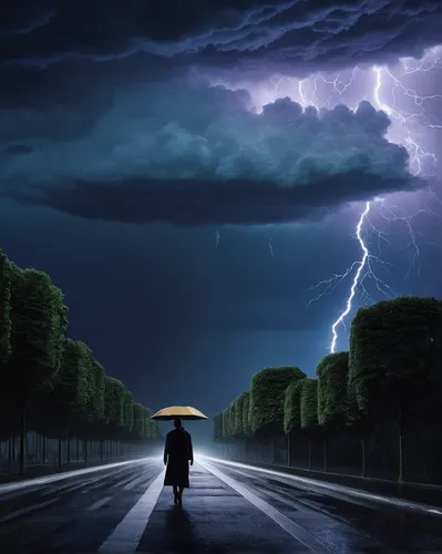 thunderstorm,man with umbrella,lightning storm,thunderstorm mood,world digital painting,photo manipulation,monsoon,storm,rainstorm,photomanipulation,heavy rain,strom,sci fiction illustration,nature's wrath,lightning,bad weather,a thunderstorm cell,monsoon banner,rainy season,thunderclouds,Photography,Fashion Photography,Fashion Photography 09