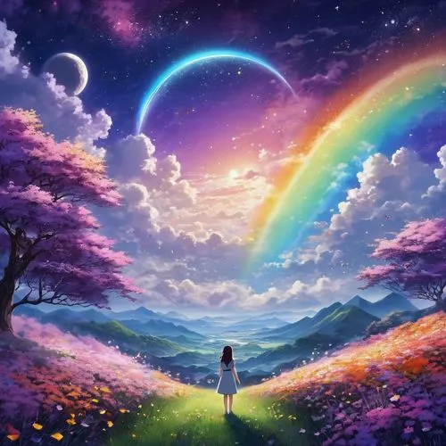 rainbow and stars,rainbow background,unicorn background,dream world,fantasy picture,tanabata,dreamscape,rainbow pencil background,rainbow clouds,beautiful wallpaper,colorful background,fairy galaxy,magical,fairy world,rainbow bridge,unicorn and rainbow,heaven gate,dream art,colorful light,rainbow colors,Illustration,Japanese style,Japanese Style 04