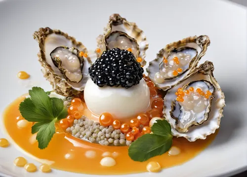 Imagine a food critic's review of a high-end restaurant's innovative dish: flash-fried oyster pearls served with champagne foam and caviar.,quail egg,oyster,oysters rockefeller,oyster vermicelli,stuff