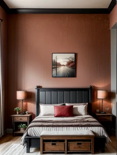 bed room witn degradation color red cherry,headboards,headboard,chambre,guestroom,guest room,fromental,bedroom,contemporary decor,bedstead,bedroomed,danish room,wall plaster,stucco wall,wallcoverings,