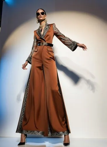 Fashion show ,a woman in brown pants and a jacket posing on the runway,blige,galliano,cardi,afw,siriano,fabulous,Photography,General,Realistic