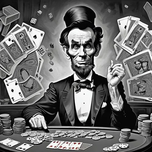 gambler,abraham lincoln,poker,dice poker,lincoln cosmopolitan,blackjack,magician,poker set,suit of spades,playing card,lincoln,playing cards,play cards,gamble,deck of cards,ringmaster,las vegas entertainer,poker table,hans christian andersen,ace,Illustration,Abstract Fantasy,Abstract Fantasy 23