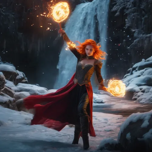 Dancing
,a woman is standing in a river holding two glowing balls,fire dancer,fire dance,dancing flames,sorceress,firedancer,merida